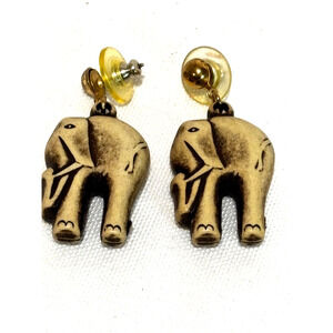 Faux Bone Celluloid Elephant‎ Gold Tone Dangle Post Earrings Vintage safari chic